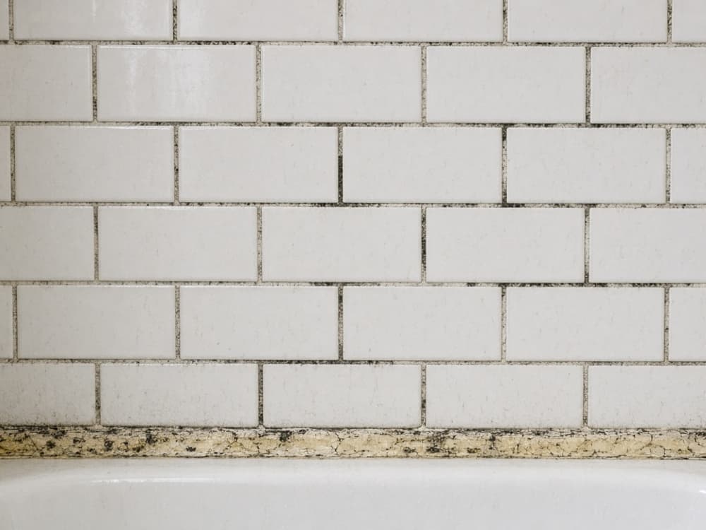 Illustration of a subway tile tub wall before restoration