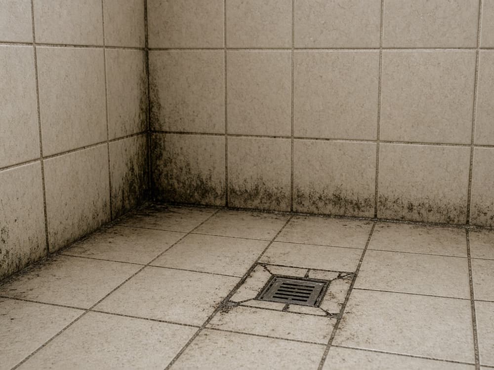 Illustration of a tiled shower floor and drain before restoration