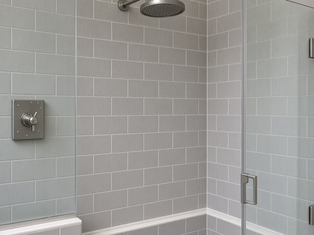Illustration of a walk-in glass shower enclosure after restoration